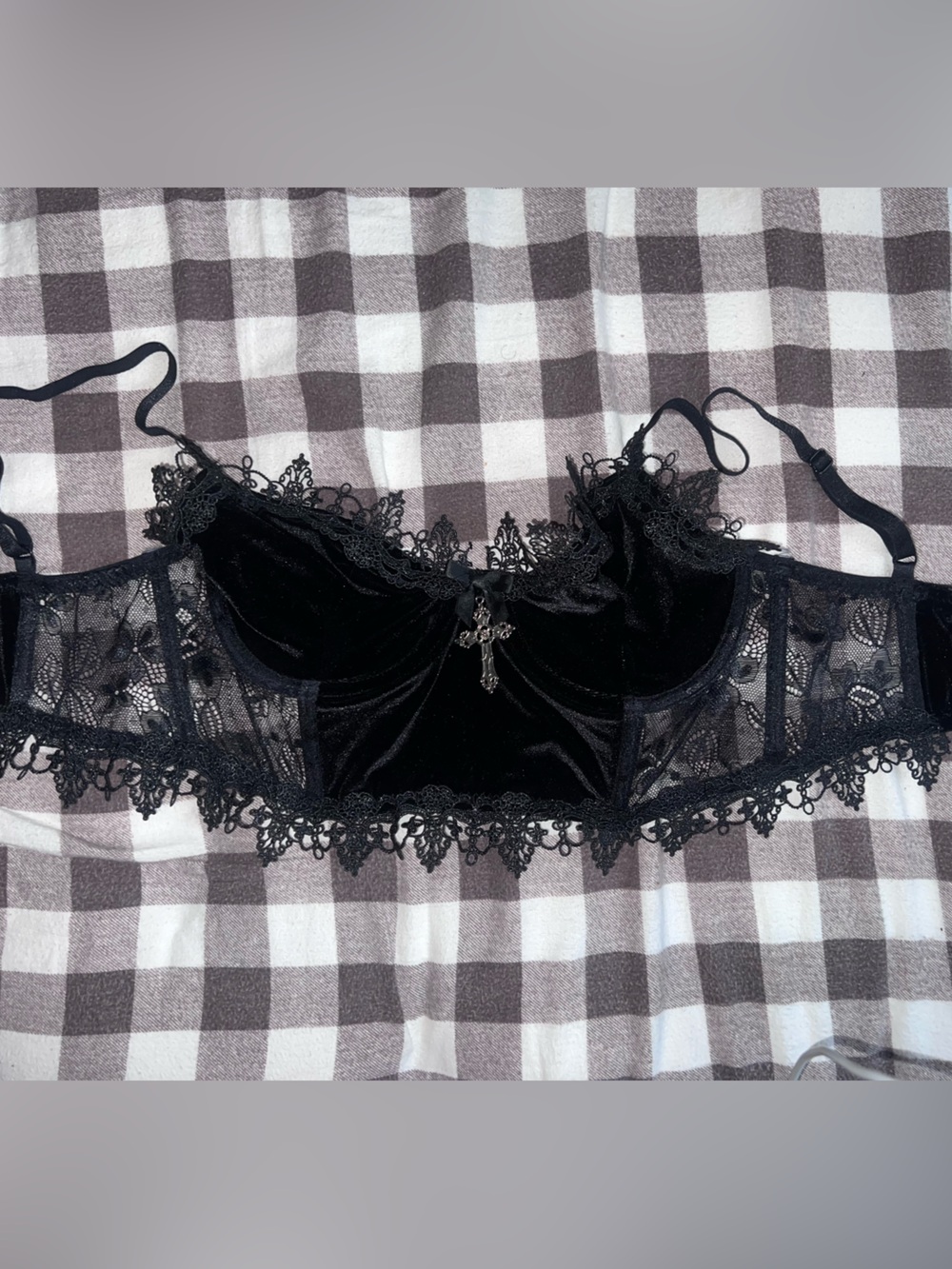 Dolls Kill Black Velvet Lace Balconette Bra